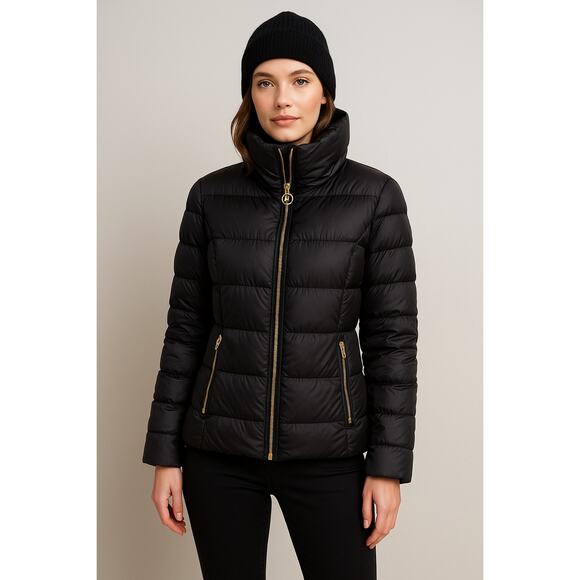Chic Winter Black Puffer Jacket Gold Zip Michael Kors Women’s Medium - Picture 1 of 7